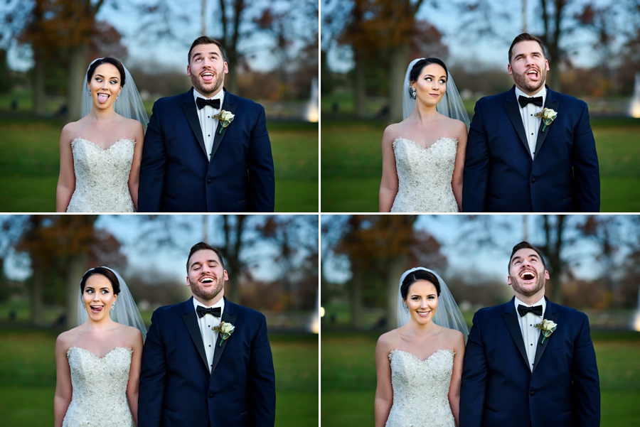 A newly married couple making funny faces.
